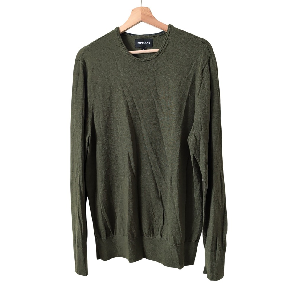Bonobos Mens Olive Green 100% Extra Fine Merino Wool Crewneck Sweater Large